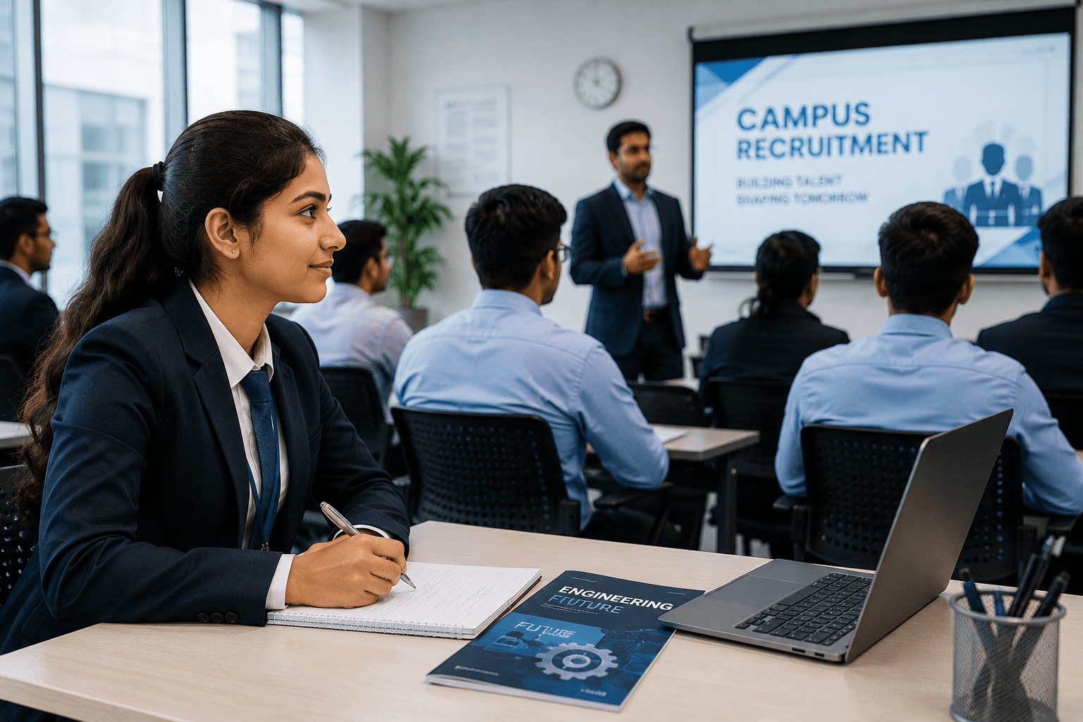 Young engineering candidates collaborating during a campus hiring activity
