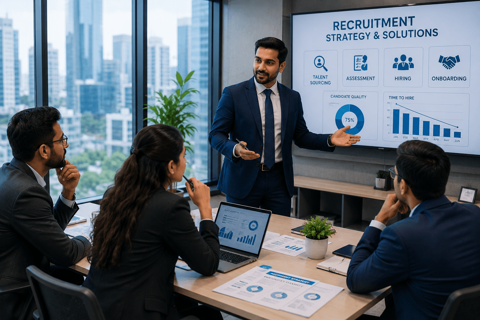 Recruitment consultant meeting with a business team